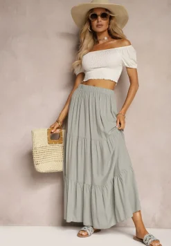 Szara Wiskozowa Spódnica High Waist z Gumką w Talii i Falbanką Christiara
