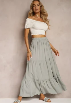 Szara Wiskozowa Spódnica High Waist z Gumką w Talii i Falbanką Christiara