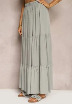 Szara Wiskozowa Spódnica High Waist z Gumką w Talii i Falbanką Christiara