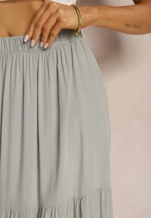 Szara Wiskozowa Spódnica High Waist z Gumką w Talii i Falbanką Christiara