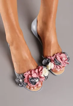 Szare Balerinki Meliski Peep Toe z Kwiatową Aplikacją Idalina