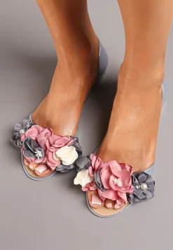 Szare Balerinki Meliski Peep Toe z Kwiatową Aplikacją Idalina