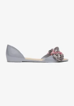 Szare Balerinki Meliski Peep Toe z Kwiatową Aplikacją Idalina