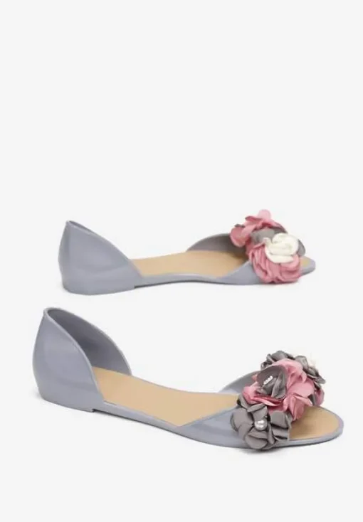 Szare Balerinki Meliski Peep Toe z Kwiatową Aplikacją Idalina