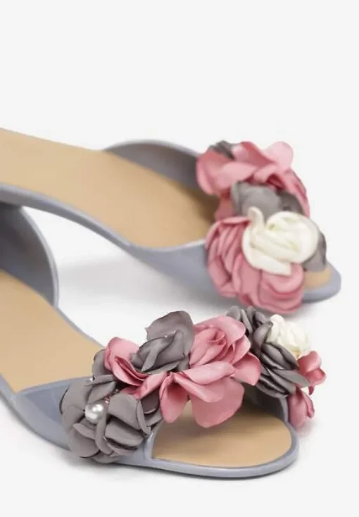 Szare Balerinki Meliski Peep Toe z Kwiatową Aplikacją Idalina