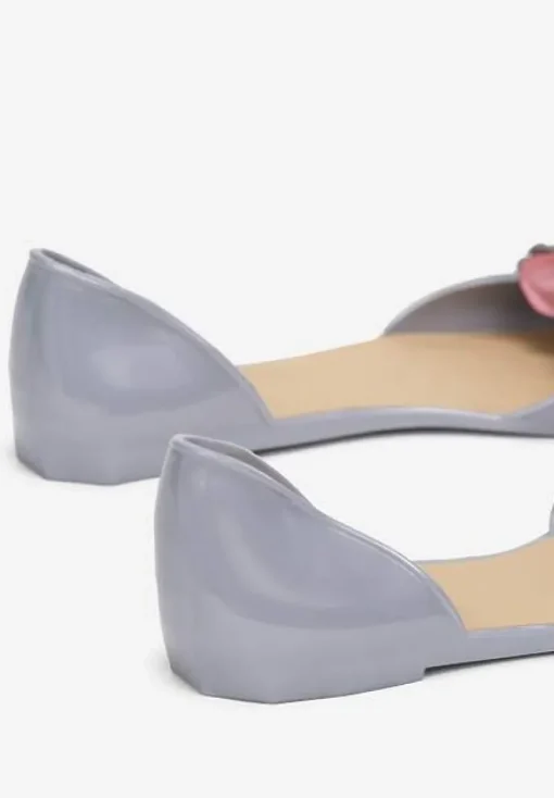 Szare Balerinki Meliski Peep Toe z Kwiatową Aplikacją Idalina