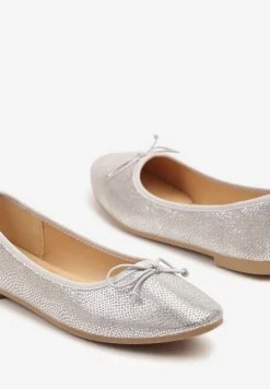 Szare Balerinki Vices z Ozdobną Kokardą i Tłoczeniem Typu Skóra Węża Tultewia
