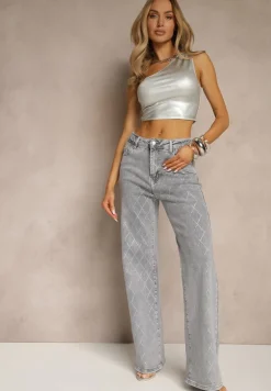 Szare Bawełniane Jeansy o Szerokim Fasonie High Waist z Cyrkoniami Melsedi