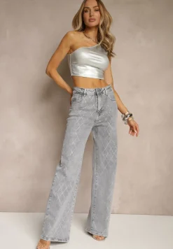 Szare Bawełniane Jeansy o Szerokim Fasonie High Waist z Cyrkoniami Melsedi