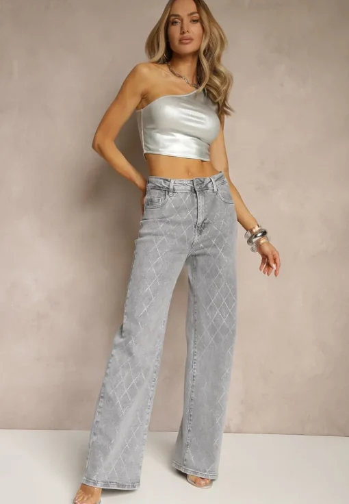 Szare Bawełniane Jeansy o Szerokim Fasonie High Waist z Cyrkoniami Melsedi