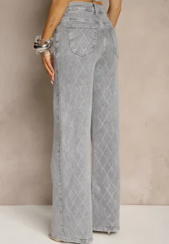 Szare Bawełniane Jeansy o Szerokim Fasonie High Waist z Cyrkoniami Melsedi