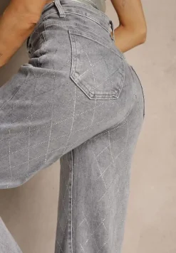 Szare Bawełniane Jeansy o Szerokim Fasonie High Waist z Cyrkoniami Melsedi