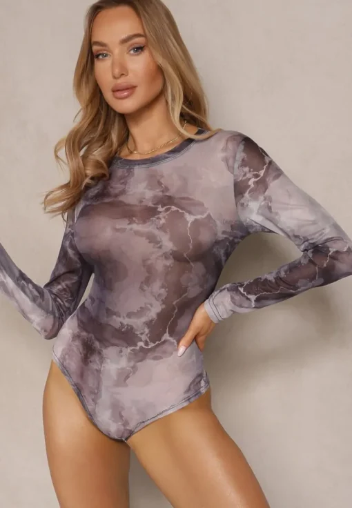 Szare Body z Siateczki z Długimi Rękawami i Wzorem Tie-Dye Itavia