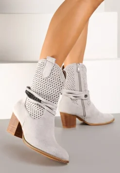Szare Botki Vices na Słupku w Stylu Kowbojek z Ażurową Cholewką i Paskami Tulifedi