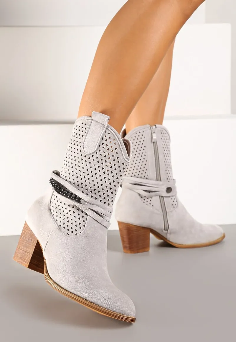 Szare Botki Vices na Słupku w Stylu Kowbojek z Ażurową Cholewką i Paskami Tulifedi