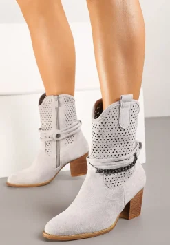 Szare Botki Vices na Słupku w Stylu Kowbojek z Ażurową Cholewką i Paskami Tulifedi