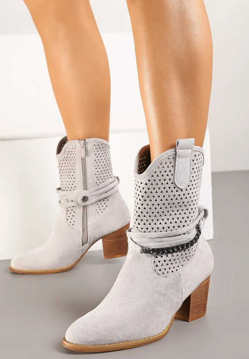 Szare Botki Vices na Słupku w Stylu Kowbojek z Ażurową Cholewką i Paskami Tulifedi