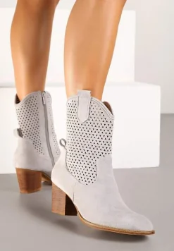 Szare Botki Vices na Słupku w Stylu Kowbojek z Ażurową Cholewką i Paskami Tulifedi