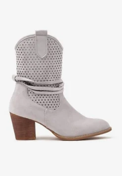 Szare Botki Vices na Słupku w Stylu Kowbojek z Ażurową Cholewką i Paskami Tulifedi