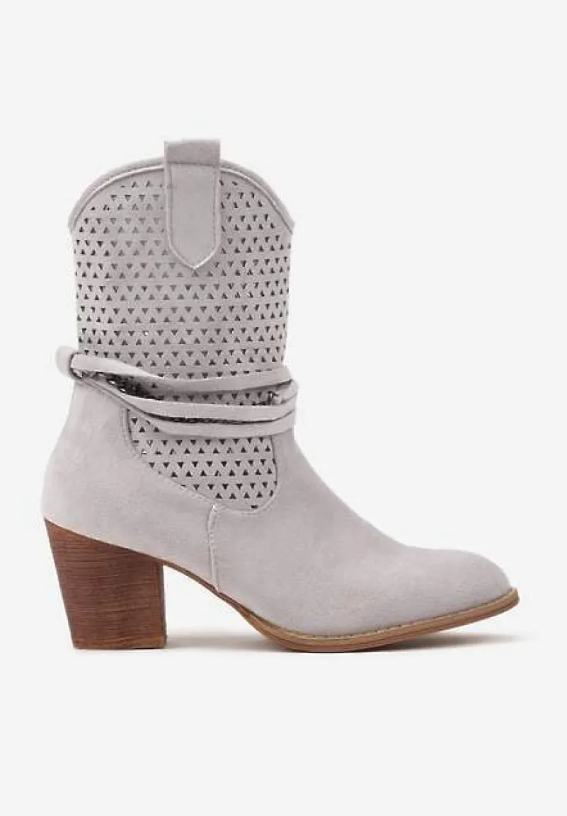 Szare Botki Vices na Słupku w Stylu Kowbojek z Ażurową Cholewką i Paskami Tulifedi