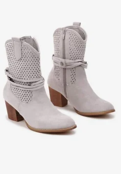 Szare Botki Vices na Słupku w Stylu Kowbojek z Ażurową Cholewką i Paskami Tulifedi