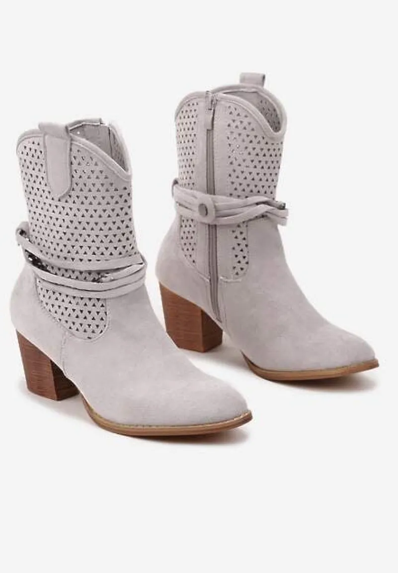 Szare Botki Vices na Słupku w Stylu Kowbojek z Ażurową Cholewką i Paskami Tulifedi