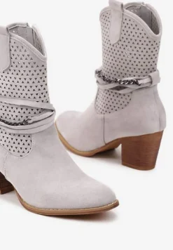 Szare Botki Vices na Słupku w Stylu Kowbojek z Ażurową Cholewką i Paskami Tulifedi