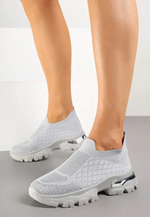 Szare Buty Sportowe Sneakersy Ozdobione Metaliczną Aplikacją Ellevira