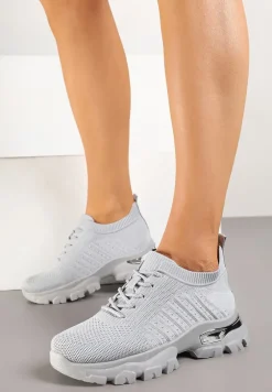 Szare Buty Sportowe Sneakersy z Siateczki na Tłoczonej Podeszwie Zdobionej Aplikacją Neltewia