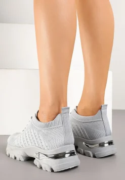 Szare Buty Sportowe Sneakersy z Siateczki na Tłoczonej Podeszwie Zdobionej Aplikacją Neltewia
