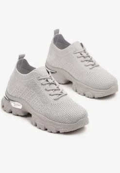 Szare Buty Sportowe Sneakersy z Siateczki na Tłoczonej Podeszwie Zdobionej Aplikacją Neltewia