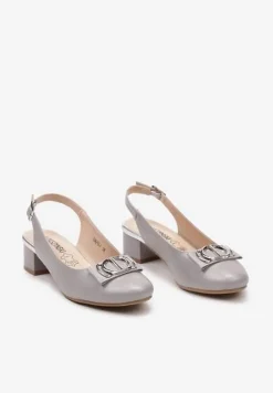 Szare Czółenka na Słupku bez Pięty z Wkładką ze Skóry Naturalnej i Aplikacją Wotesa