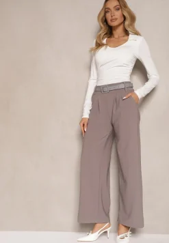Szare Garniturowe Spodnie High Waist z Gumką i Dodatkowym Paskiem w Talii Mattine