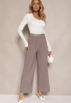Szare Garniturowe Spodnie High Waist z Gumką i Dodatkowym Paskiem w Talii Mattine