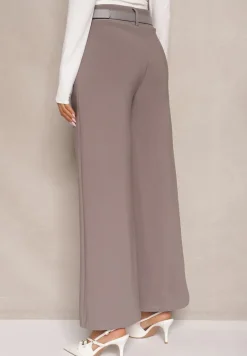 Szare Garniturowe Spodnie High Waist z Gumką i Dodatkowym Paskiem w Talii Mattine