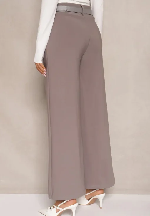 Szare Garniturowe Spodnie High Waist z Gumką i Dodatkowym Paskiem w Talii Mattine