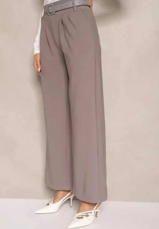 Szare Garniturowe Spodnie High Waist z Gumką i Dodatkowym Paskiem w Talii Mattine