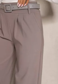 Szare Garniturowe Spodnie High Waist z Gumką i Dodatkowym Paskiem w Talii Mattine