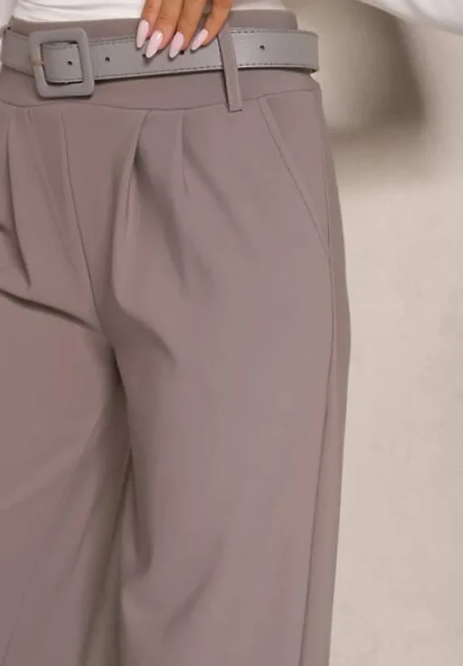 Szare Garniturowe Spodnie High Waist z Gumką i Dodatkowym Paskiem w Talii Mattine