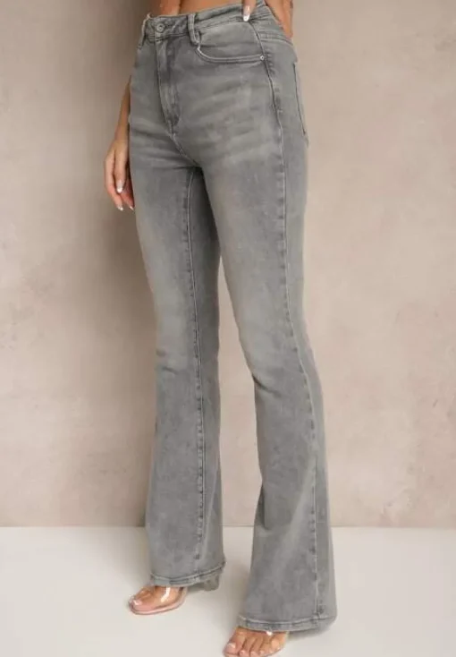 Szare Jeansy High Waist o Kroju Flare Talasena