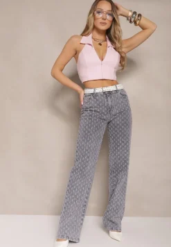 Szare Jeansy High Waist o Szerokim Kroju z Ozdobnymi Tłoczonymi Przetarciami Ulanisea