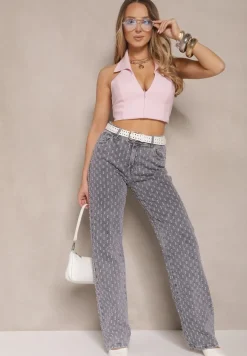 Szare Jeansy High Waist o Szerokim Kroju z Ozdobnymi Tłoczonymi Przetarciami Ulanisea