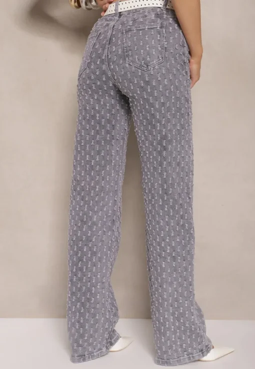 Szare Jeansy High Waist o Szerokim Kroju z Ozdobnymi Tłoczonymi Przetarciami Ulanisea
