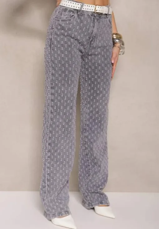 Szare Jeansy High Waist o Szerokim Kroju z Ozdobnymi Tłoczonymi Przetarciami Ulanisea