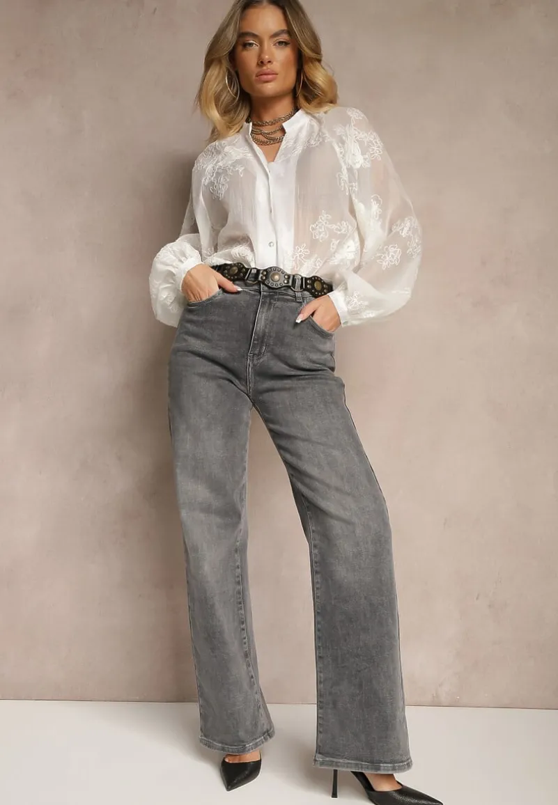 Szare Jeansy High Waist o Szerokim Kroju Sesinia
