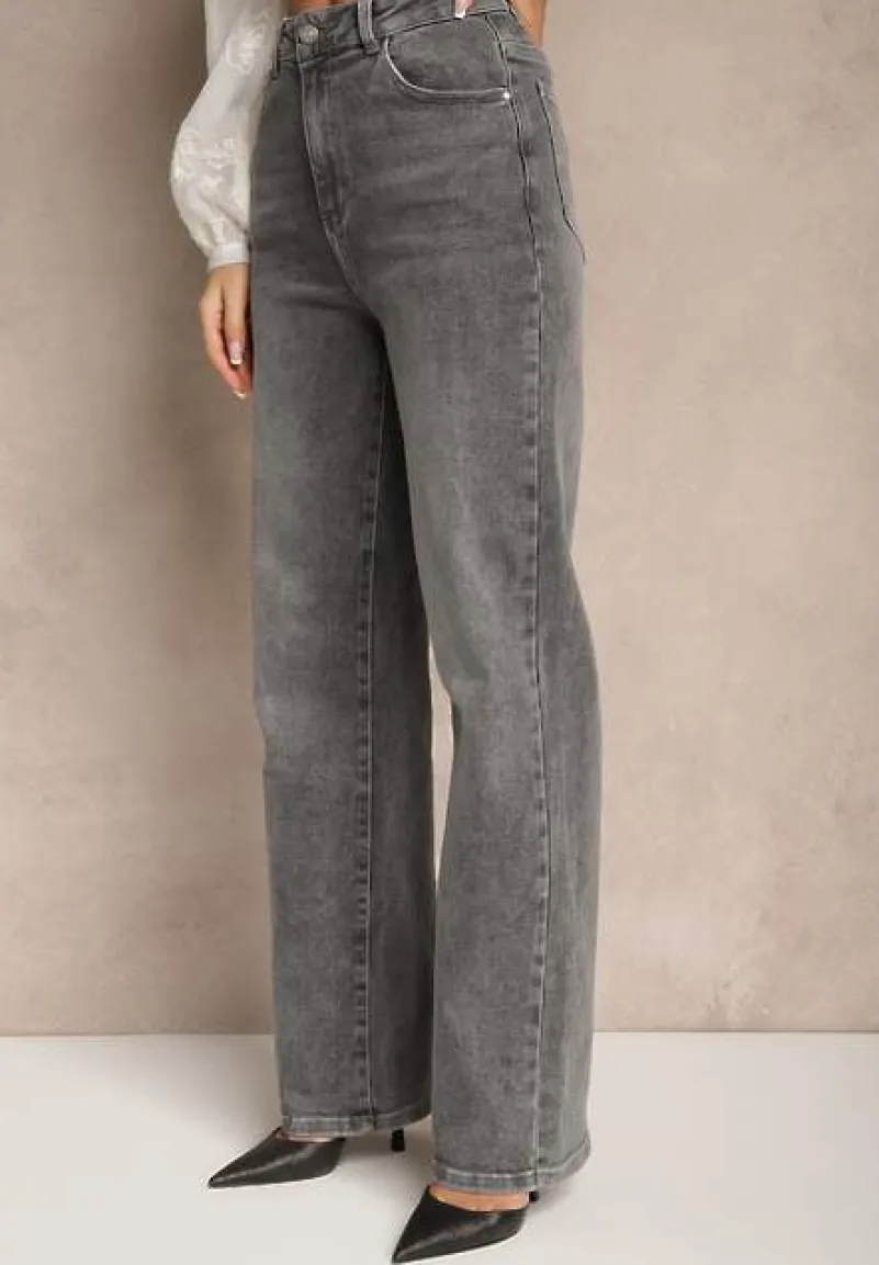 Szare Jeansy High Waist o Szerokim Kroju Sesinia