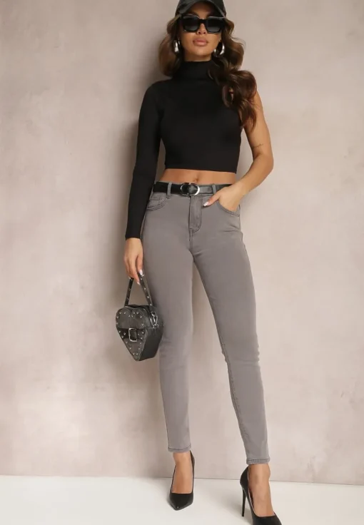Szare Jeansy High Waist o Fasonie Regular Hildelitha