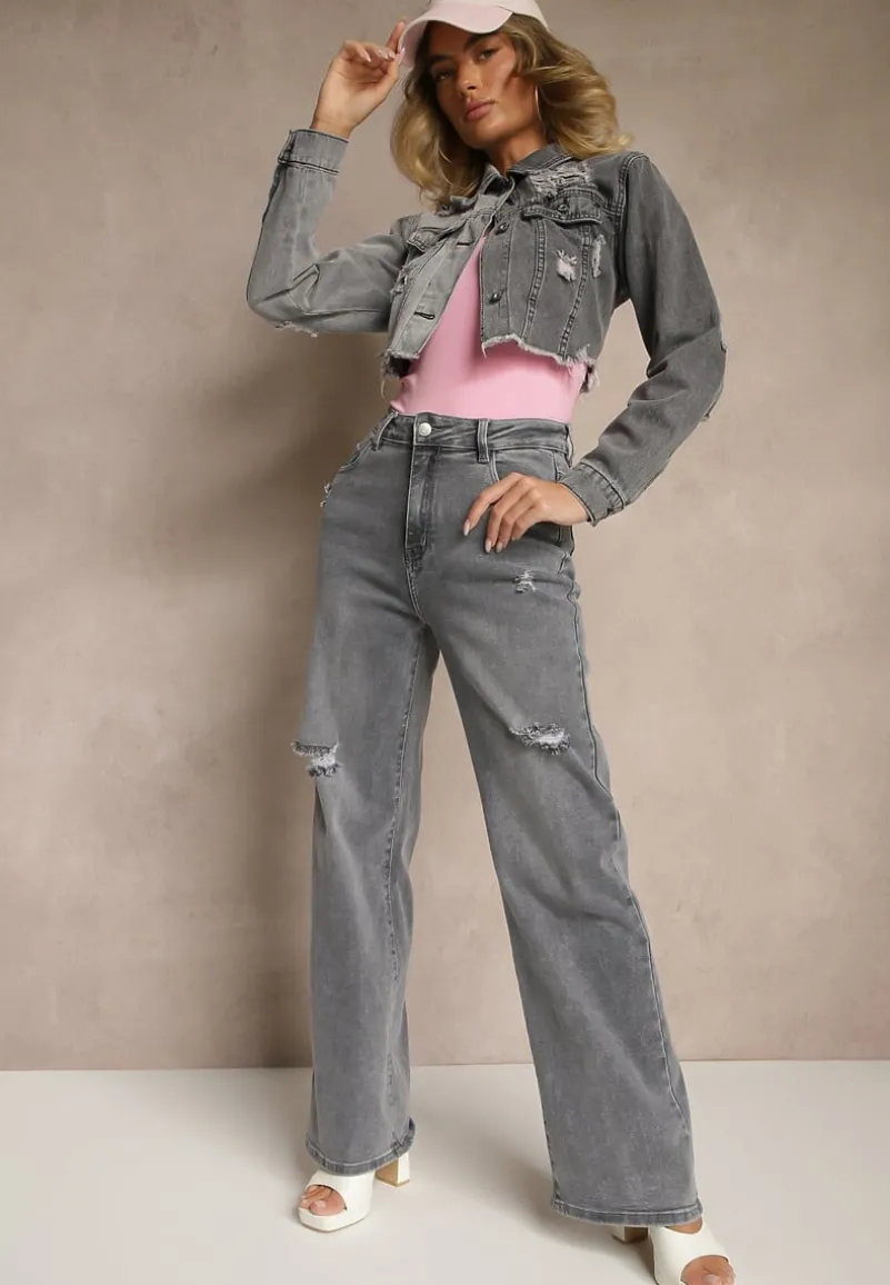 Szare Jeansy High Waist z Szeroką Nogawką Zdobione Przetarciami Liozina