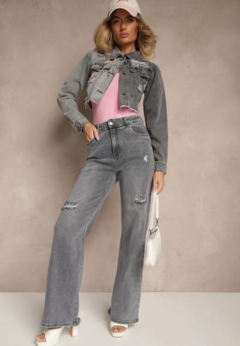 Szare Jeansy High Waist z Szeroką Nogawką Zdobione Przetarciami Liozina
