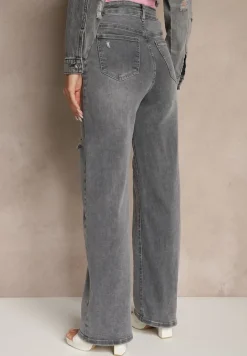 Szare Jeansy High Waist z Szeroką Nogawką Zdobione Przetarciami Liozina